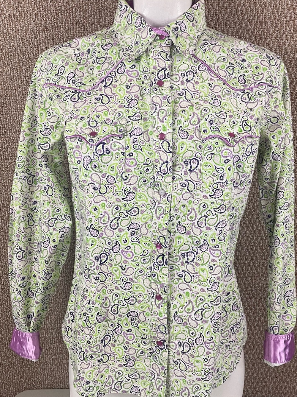 Women's Paisley Button-Front Shirt in Light Green and Lavender
